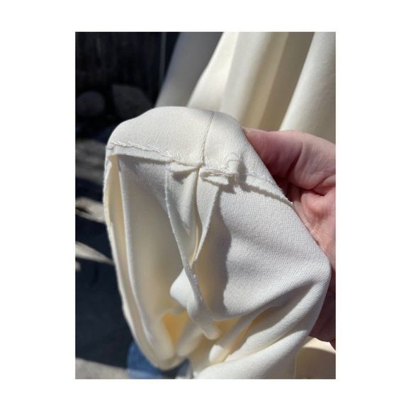 70s Ivory Maxi Dress Brown Ruffle Trim V Neck Flutter Cap Sleeve Oversize Collar - Picture 11 of 14